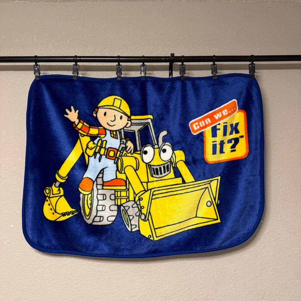 Vtg Y2K Bob the Builder Can we Fix it? plush toddler blanket - Blue digger 42x30